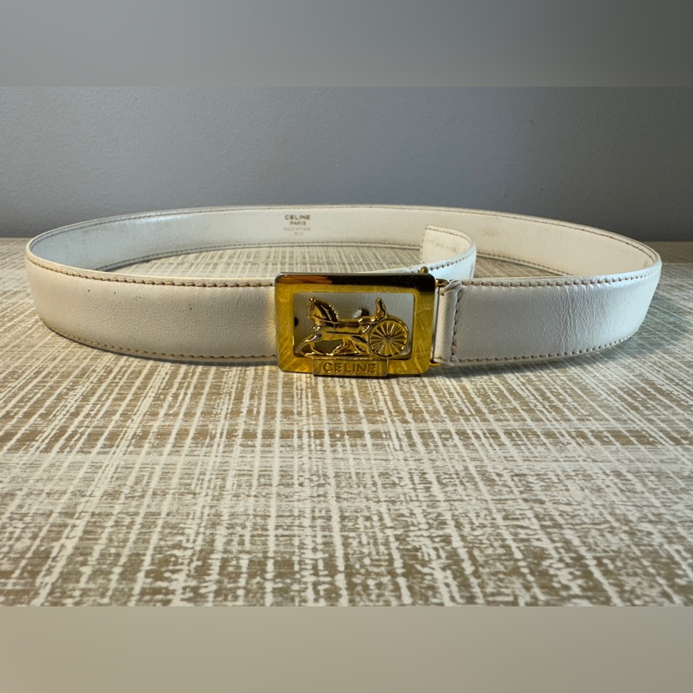 Celine Cream Leather Belt with Gold Horse Carriage Buckle Size 65
